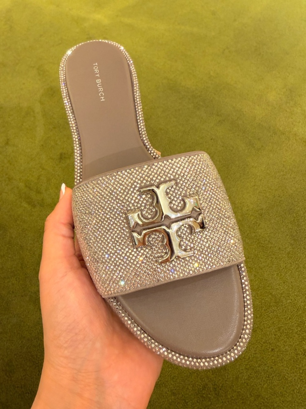 Tory Burch Everly Rhinestone Slide Sandals,‎ Dark Clay / Silver, RUNS SMALL
